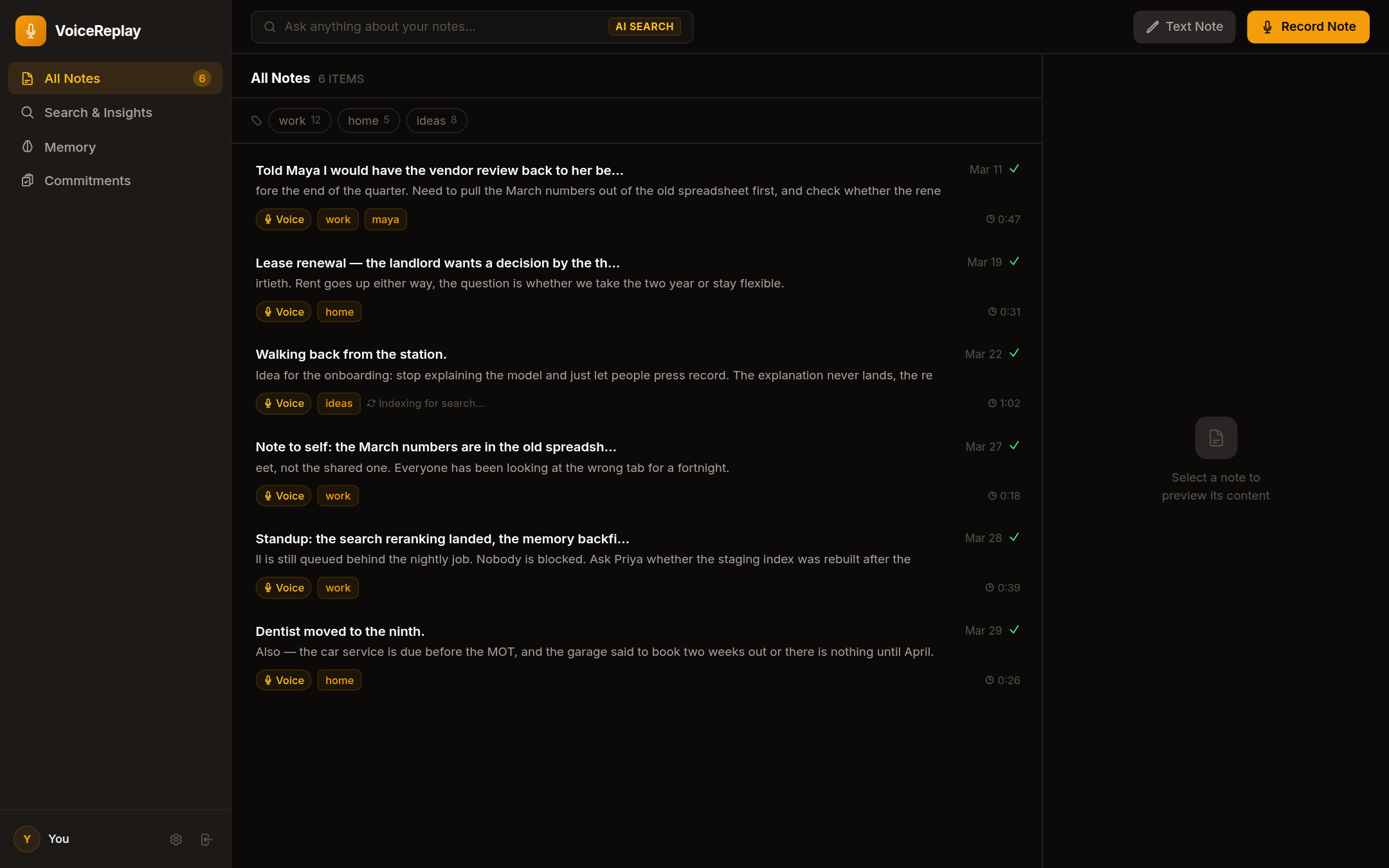 The Notes screen of VoiceReplay
